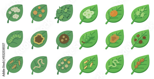 Plant diseases flat icons set – agriculture, foliage, crop health symbols