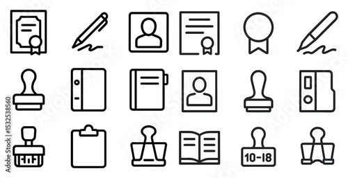 Office and document outline icons set – linear, flat, stationery and filing graphics