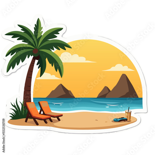 Tropical Beach Sunset Relaxing Island Getaway Illustration