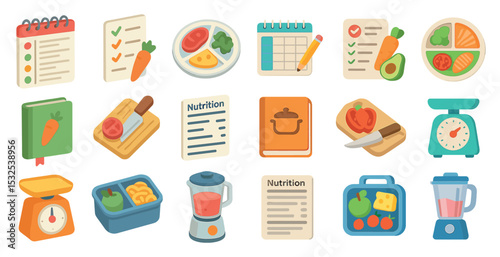 Healthy eating flat icons set – nutrition, meal prep and diet planning visuals