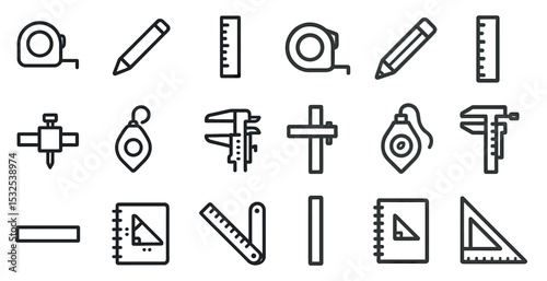 Construction and measurement outline icons set – linear, drafting, engineering tools