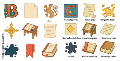 Medieval manuscript filled icons set - illuminated, vellum, historical symbols