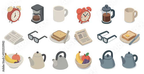 Breakfast and coffee isometric icons set – tea, mugs, morning meal essentials