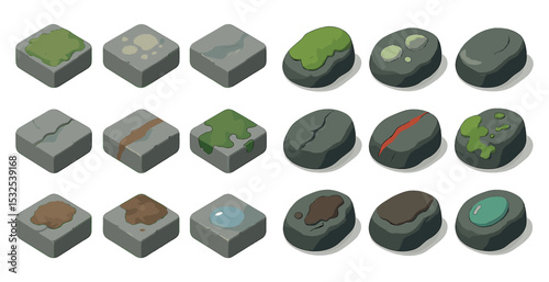 Nature and stone icons set – flat, isometric, landscape and environment elements