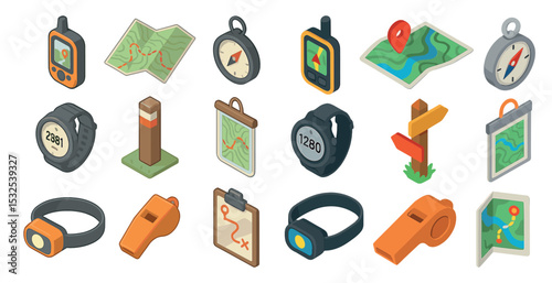 Navigation isometric icons set – map, gps, location and direction symbols
