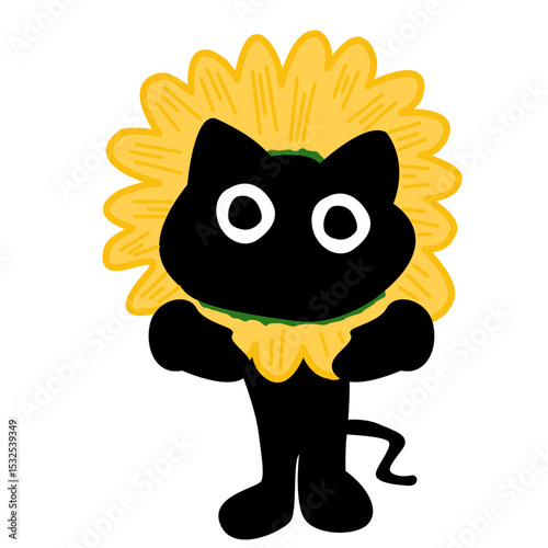 illustration Black cat with sunflower crown. cartoon