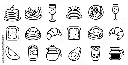 Breakfast and brunch outline icons set – linear, food, morning meal symbols