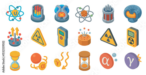 Science and energy icons set – isometric, 3d, atomic and radioactive symbols