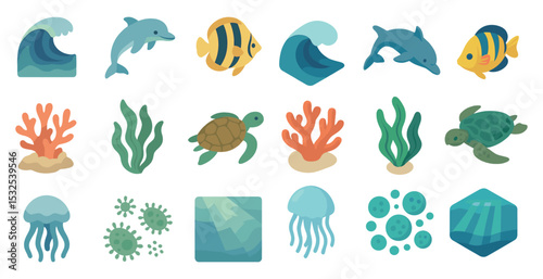 Marine life icons set – flat, aquatic, ocean and sea creatures illustrations