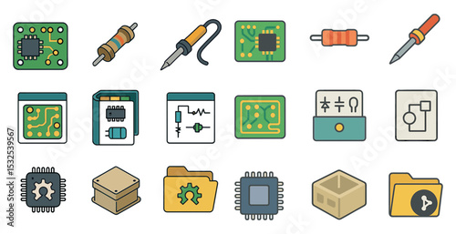 Electronics and circuit flat icons set – technology, components, engineering symbols