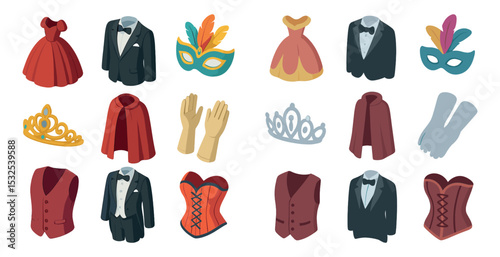 Fashion and costume icons set – isometric, masquerade, elegant party symbols