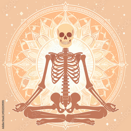 Skeleton meditating in lotus position with spiritual mandala and warm cosmic background in vector illustration