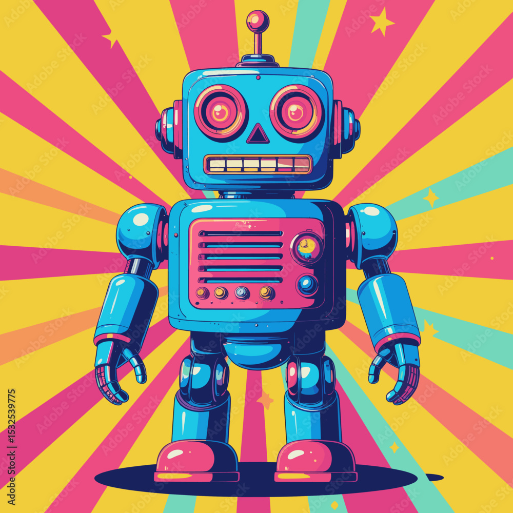 Colorful retro cartoon robot character illustration on vibrant pop art background with radial burst and stars