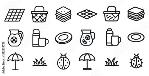 Summer picnic outline icons set – line, silhouette, outdoor and leisure symbols