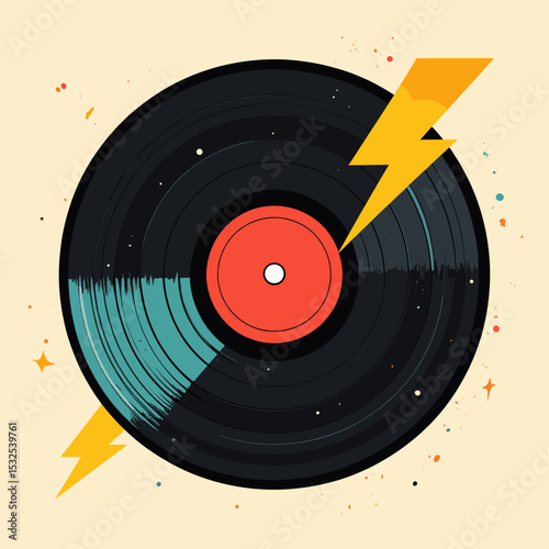 Stylized vinyl record with lightning bolt and retro design elements in dynamic music-themed vector illustration