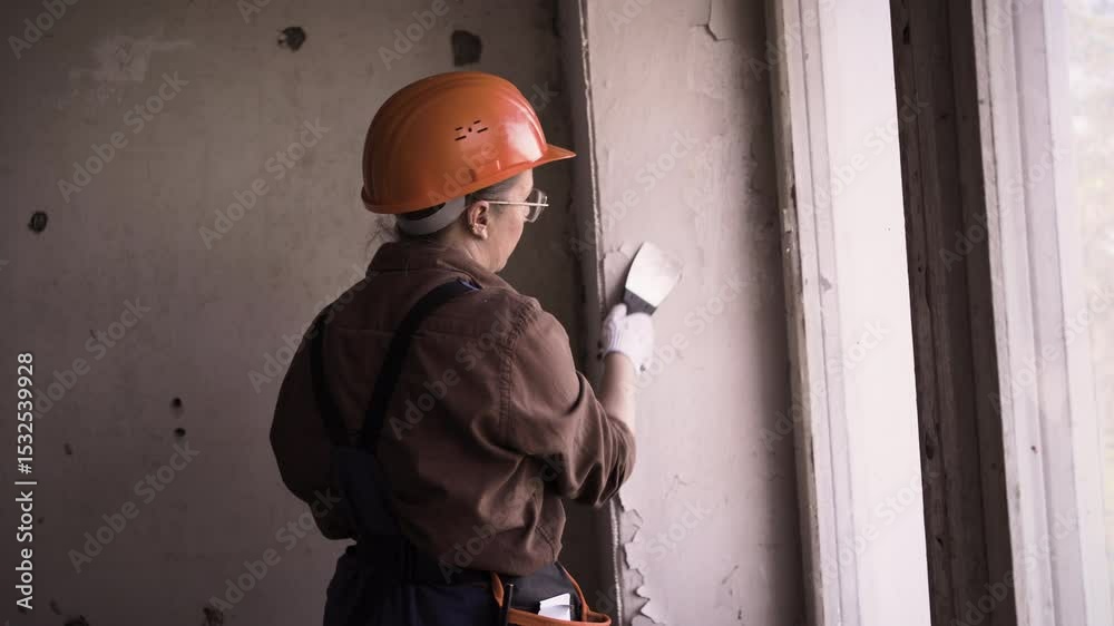 Female builder or repair worker removing old painted from wall. House renovation and renewal