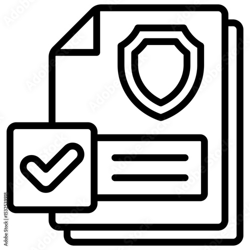 Security Certification Outline Style - Document with shield and checkmark, representing approval of safety or security protocols