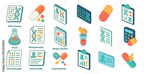 Genomics and pharmacology isometric icons set – medicine, dna, healthcare visuals
