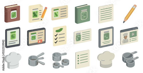 Culinary and recipe isometric icons set – chef, kitchen, cooking symbols