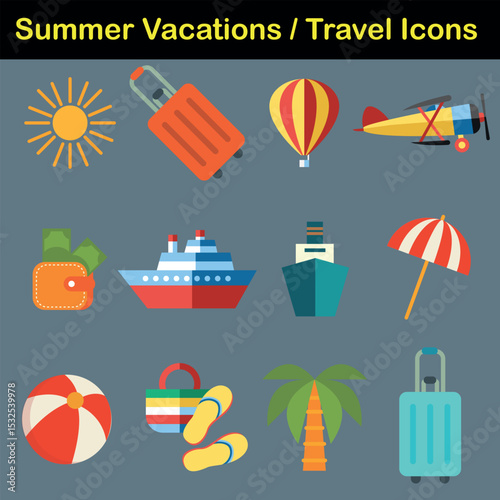 Summer vacation icons for beach holidays, sunbathing, and relaxation