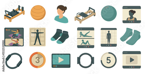 Home workout flat icons set – fitness, exercise, virtual training symbols