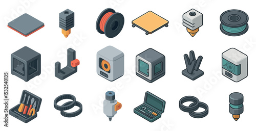 3d printing silhouette icons set – outline, isometric, additive manufacturing tools