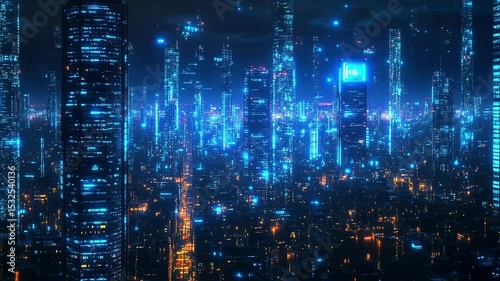 A breathtaking cyberpunk skyline at night, filled with glowing blue skyscrapers and illuminated city lights, showcasing a futuristic metropolis immersed in advanced digital technology.