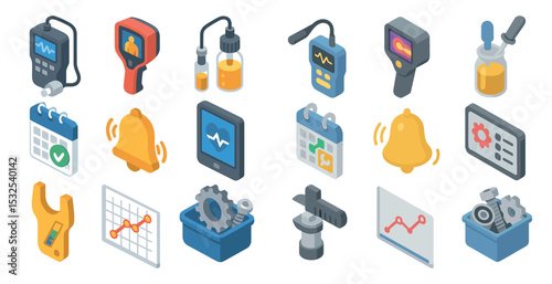 Industrial equipment icons set – isometric, tools, machinery and device visuals