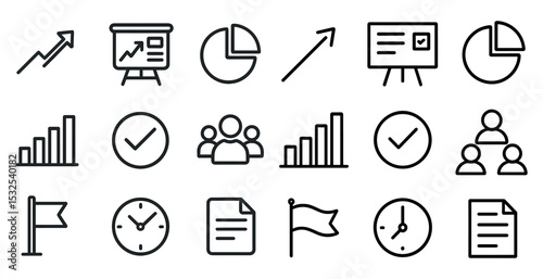 Business analytics outline icons set – linear, chart, data visualization tools