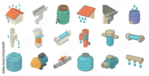 Rainwater harvesting isometric icons set – collecting, sustainable, water conservation