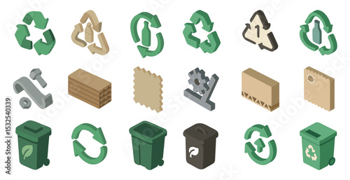 Recycling and sustainability icon set – isometric, eco, environmental symbols