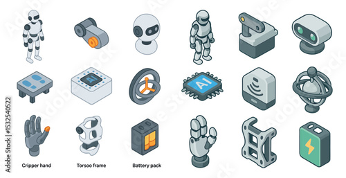 Robotics and ai isometric icons set – automation, technology, future symbols