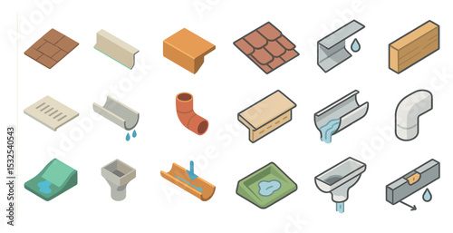 Roofing and drainage icons set – isometric, outline, building and construction symbols