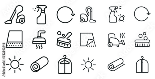 Cleaning and maintenance icons set – linear, outline, housekeeping and sanitation symbols