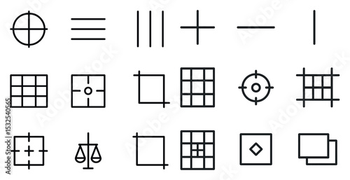 Grid and alignment outline icons set – linear, vector, precision design symbols