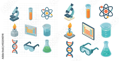 Science and chemistry icons set – isometric, lab equipment, scientific symbols