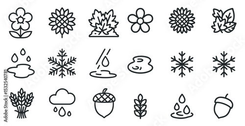 Nature and seasonal outline icons set – linear, line, natural and environmental symbols