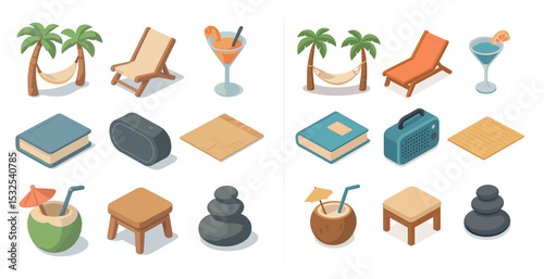 Vacation and relaxation icons set – isometric, 3d, leisure and holiday symbols