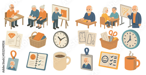 Senior activities icons set – flat, filled, elderly care and community engagement symbols