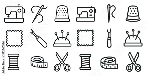 Sewing and tailoring outline icons set – tools, crafts, fashion design symbols