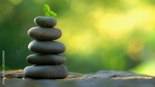 Balanced stone stack with green leaves represents harmony and tranquility in nature's calm ambiance