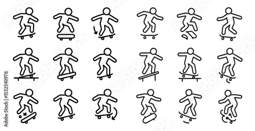 Skateboarding and tricks outline icons set – linear, sketch, sports symbols