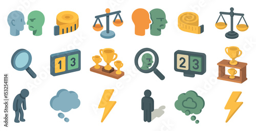 Measurement and assessment isometric icons set – scale, evaluate, analysis tools