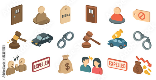 Legal and punishment icons set – isometric, judgment, justice and law symbols
