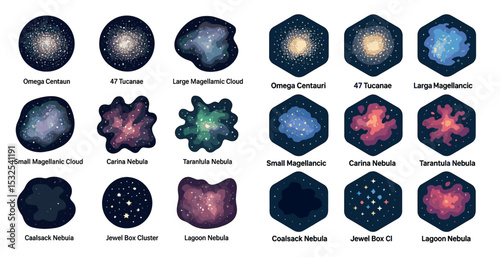 Galactic elements icons set: flat, filled, astronomy and space exploration symbols