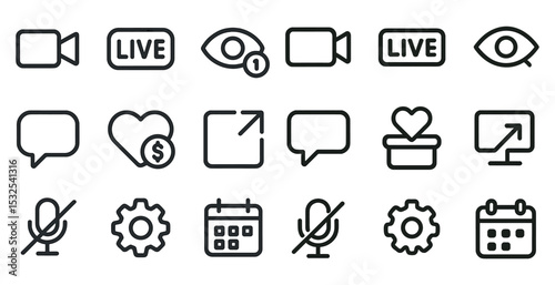 Live streaming and communication outline icons set – linear, chat, media symbols