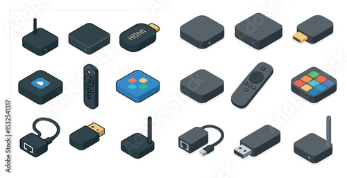 Smart home devices isometric icons set – flat, outline, tech and gadget symbols