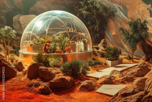 Innovative biodome nestled among rugged terrain showcases sustainable agriculture and futuristic design in a captivating desert setting