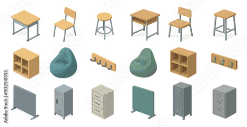 School furniture isometric icons set – classroom, flat, education supplies