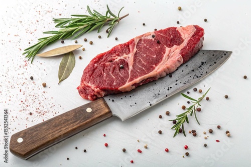 Raw Steak on a Butcher Knife on White Background